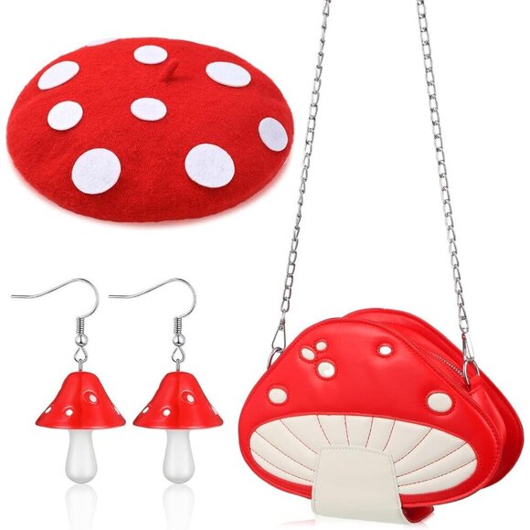 Halloween Mushroom Costume Accessories Felt Resin Crossbody Bag Earrings for Wom